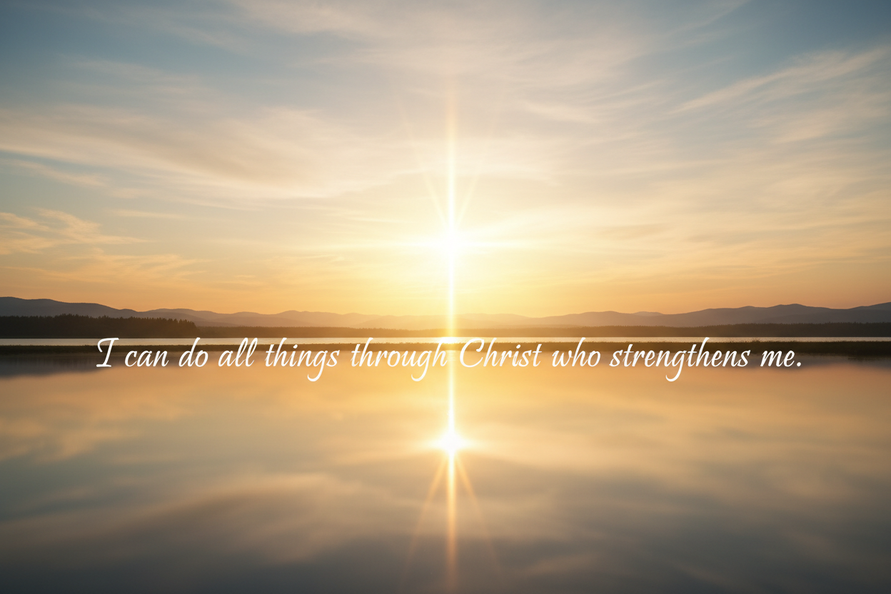 a horizon with cross in the sky and in the horizon say "I can do all things through Christ who strengths me."